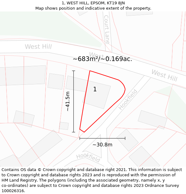 1, WEST HILL, EPSOM, KT19 8JN: Plot and title map