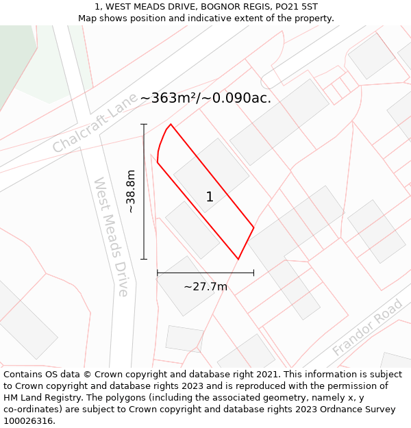 1, WEST MEADS DRIVE, BOGNOR REGIS, PO21 5ST: Plot and title map