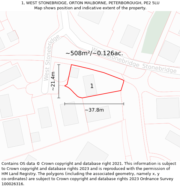 1, WEST STONEBRIDGE, ORTON MALBORNE, PETERBOROUGH, PE2 5LU: Plot and title map