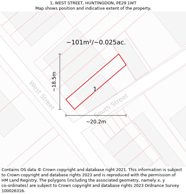 1, WEST STREET, HUNTINGDON, PE29 1WT: Plot and title map
