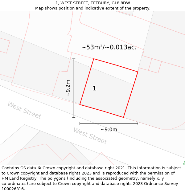 1, WEST STREET, TETBURY, GL8 8DW: Plot and title map