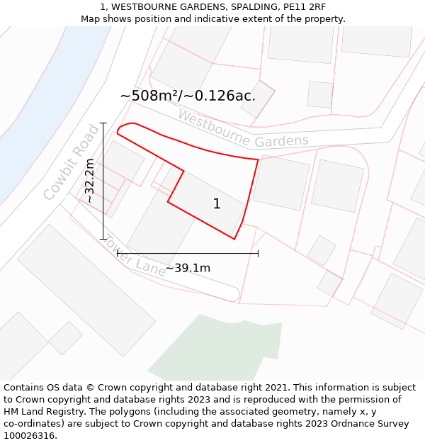 1, WESTBOURNE GARDENS, SPALDING, PE11 2RF: Plot and title map