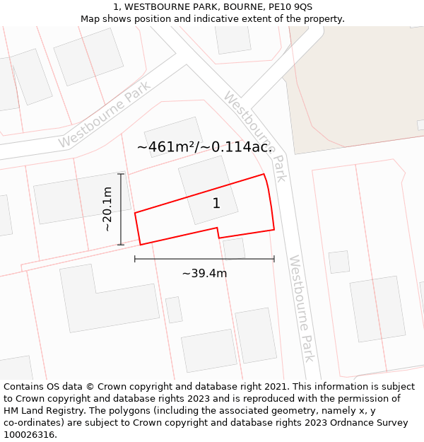 1, WESTBOURNE PARK, BOURNE, PE10 9QS: Plot and title map