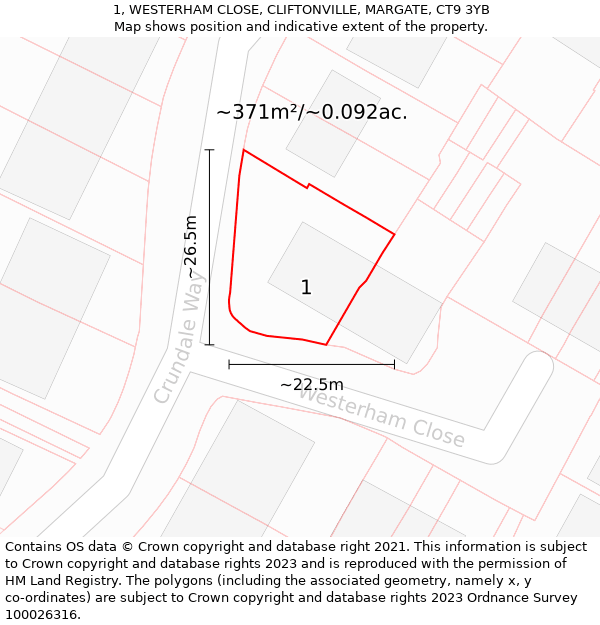 1, WESTERHAM CLOSE, CLIFTONVILLE, MARGATE, CT9 3YB: Plot and title map