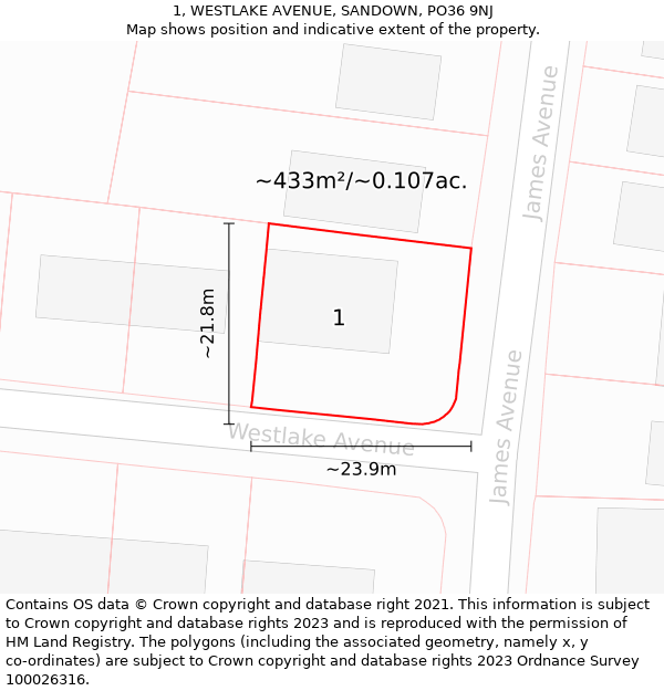 1, WESTLAKE AVENUE, SANDOWN, PO36 9NJ: Plot and title map