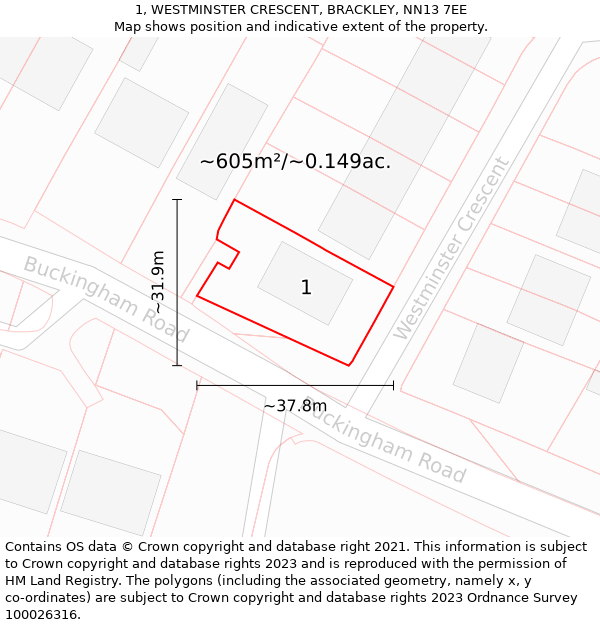 1, WESTMINSTER CRESCENT, BRACKLEY, NN13 7EE: Plot and title map