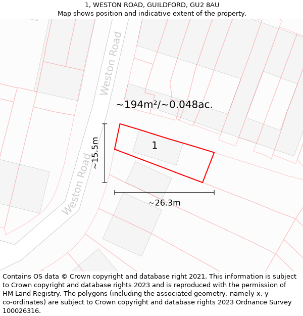 1, WESTON ROAD, GUILDFORD, GU2 8AU: Plot and title map