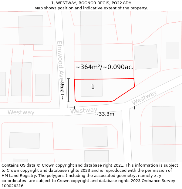 1, WESTWAY, BOGNOR REGIS, PO22 8DA: Plot and title map