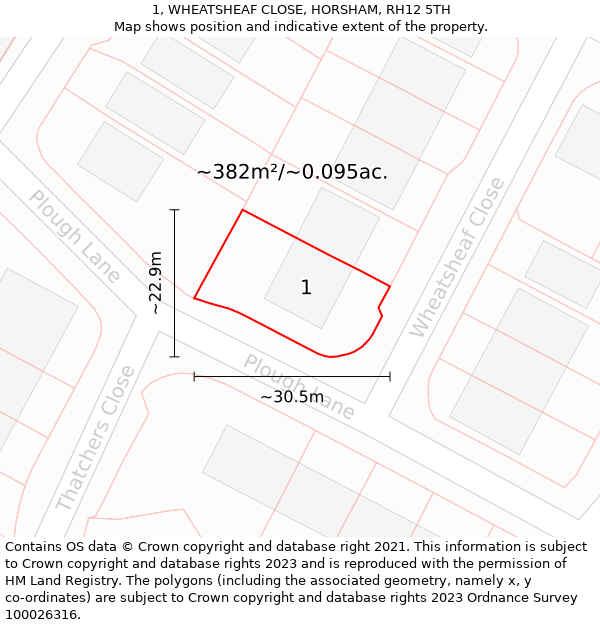 1, WHEATSHEAF CLOSE, HORSHAM, RH12 5TH: Plot and title map