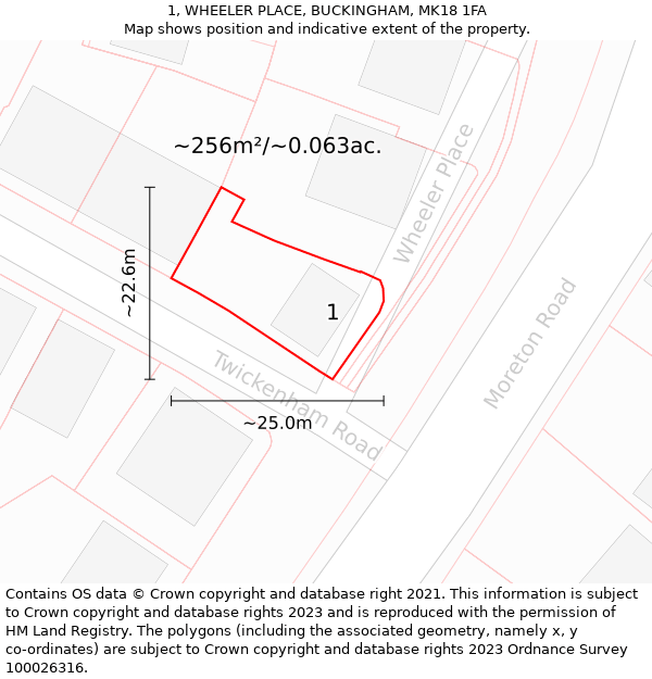 1, WHEELER PLACE, BUCKINGHAM, MK18 1FA: Plot and title map