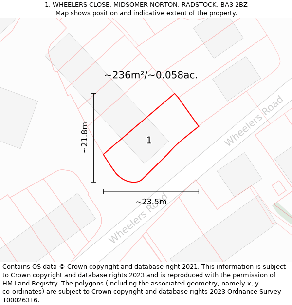 1, WHEELERS CLOSE, MIDSOMER NORTON, RADSTOCK, BA3 2BZ: Plot and title map