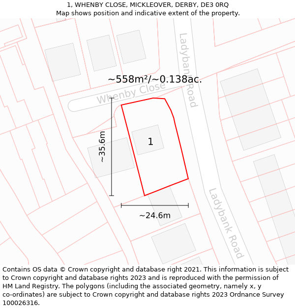 1, WHENBY CLOSE, MICKLEOVER, DERBY, DE3 0RQ: Plot and title map