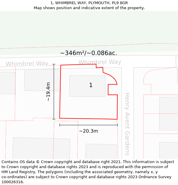 1, WHIMBREL WAY, PLYMOUTH, PL9 8GR: Plot and title map