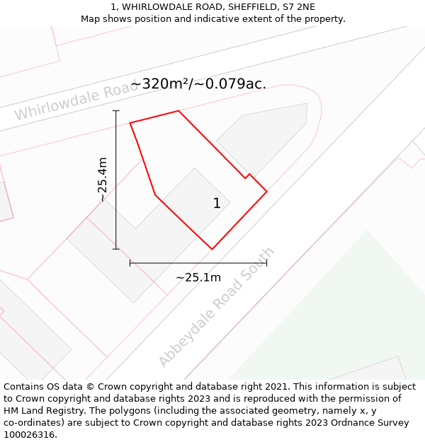 1, WHIRLOWDALE ROAD, SHEFFIELD, S7 2NE: Plot and title map