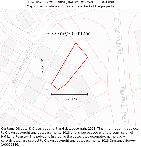 1, WHISPERWOOD DRIVE, BALBY, DONCASTER, DN4 8SB: Plot and title map