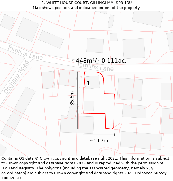 1, WHITE HOUSE COURT, GILLINGHAM, SP8 4DU: Plot and title map