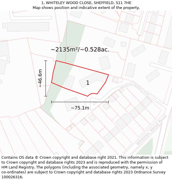 1, WHITELEY WOOD CLOSE, SHEFFIELD, S11 7HE: Plot and title map