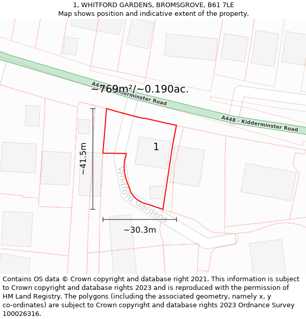 1, WHITFORD GARDENS, BROMSGROVE, B61 7LE: Plot and title map