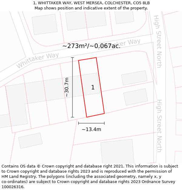 1, WHITTAKER WAY, WEST MERSEA, COLCHESTER, CO5 8LB: Plot and title map