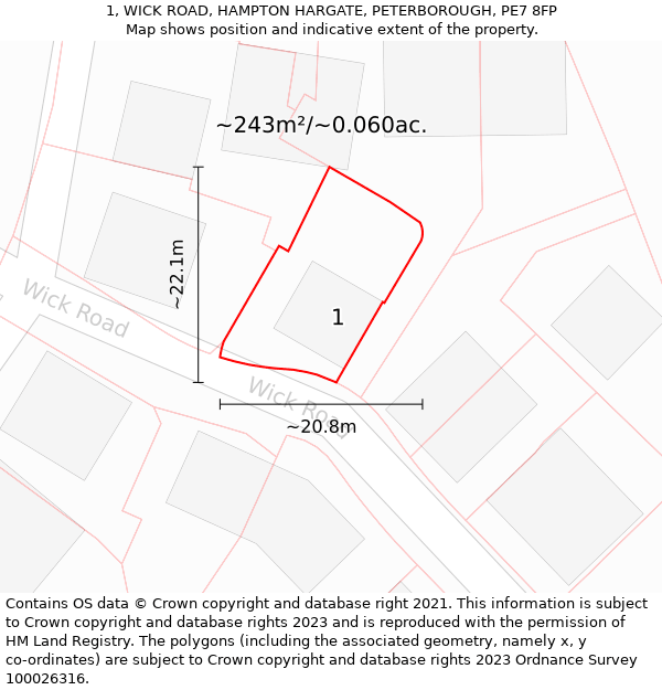 1, WICK ROAD, HAMPTON HARGATE, PETERBOROUGH, PE7 8FP: Plot and title map