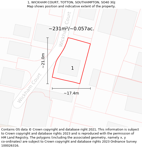 1, WICKHAM COURT, TOTTON, SOUTHAMPTON, SO40 3GJ: Plot and title map