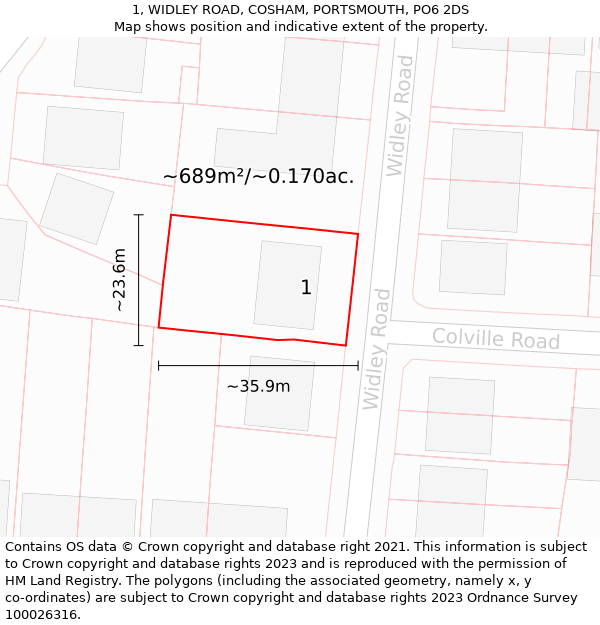 1, WIDLEY ROAD, COSHAM, PORTSMOUTH, PO6 2DS: Plot and title map