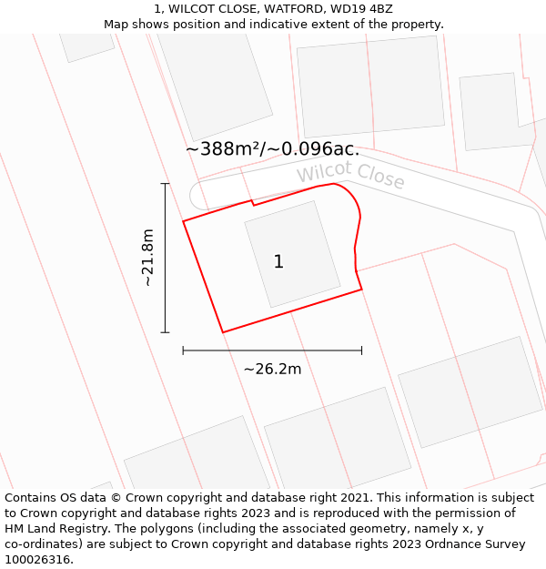 1, WILCOT CLOSE, WATFORD, WD19 4BZ: Plot and title map