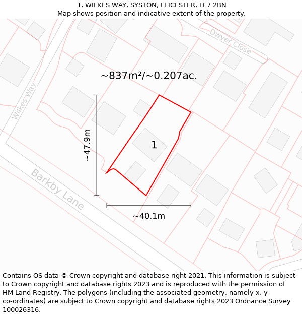 1, WILKES WAY, SYSTON, LEICESTER, LE7 2BN: Plot and title map