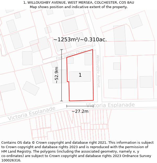 1, WILLOUGHBY AVENUE, WEST MERSEA, COLCHESTER, CO5 8AU: Plot and title map