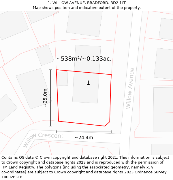 1, WILLOW AVENUE, BRADFORD, BD2 1LT: Plot and title map