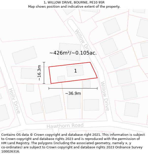 1, WILLOW DRIVE, BOURNE, PE10 9SR: Plot and title map