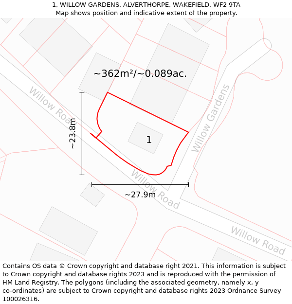 1, WILLOW GARDENS, ALVERTHORPE, WAKEFIELD, WF2 9TA: Plot and title map