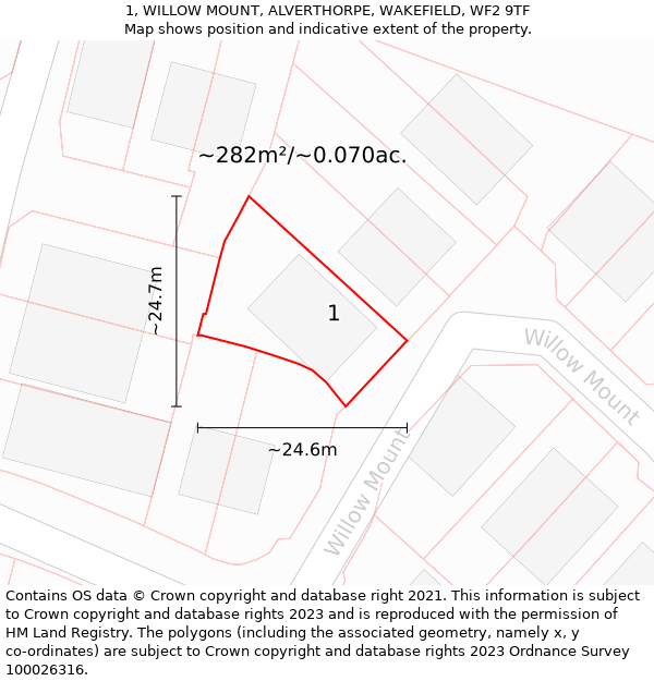 1, WILLOW MOUNT, ALVERTHORPE, WAKEFIELD, WF2 9TF: Plot and title map