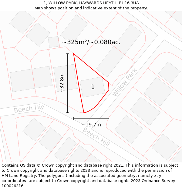 1, WILLOW PARK, HAYWARDS HEATH, RH16 3UA: Plot and title map