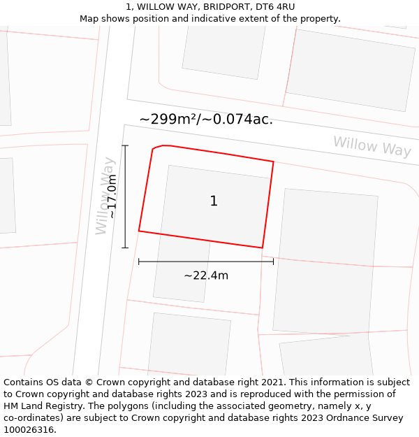 1, WILLOW WAY, BRIDPORT, DT6 4RU: Plot and title map