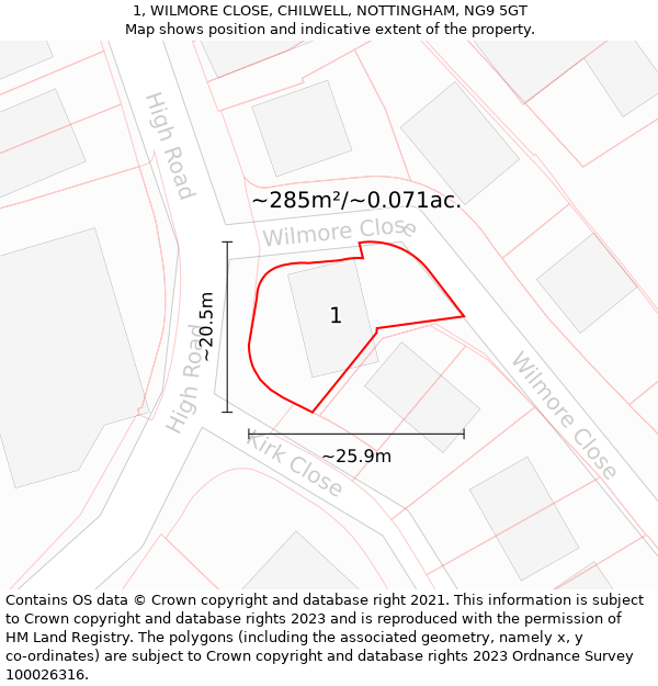 1, WILMORE CLOSE, CHILWELL, NOTTINGHAM, NG9 5GT: Plot and title map