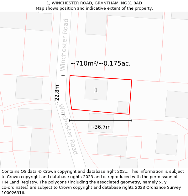 1, WINCHESTER ROAD, GRANTHAM, NG31 8AD: Plot and title map