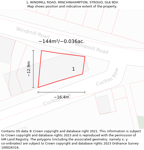 1, WINDMILL ROAD, MINCHINHAMPTON, STROUD, GL6 9DX: Plot and title map