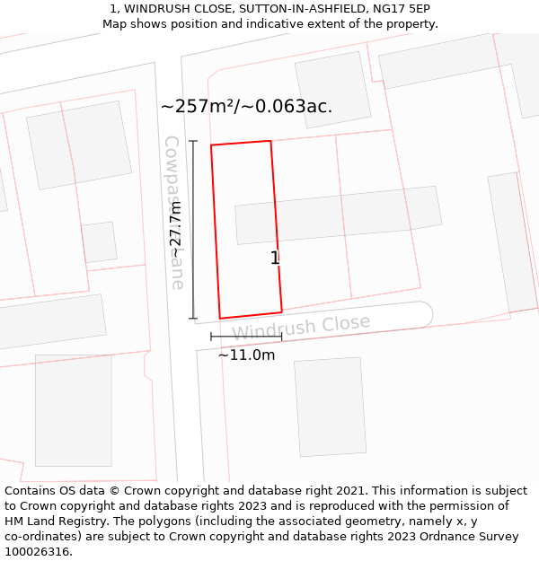 1, WINDRUSH CLOSE, SUTTON-IN-ASHFIELD, NG17 5EP: Plot and title map