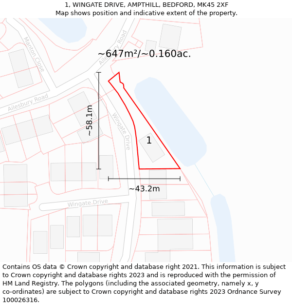 1, WINGATE DRIVE, AMPTHILL, BEDFORD, MK45 2XF: Plot and title map