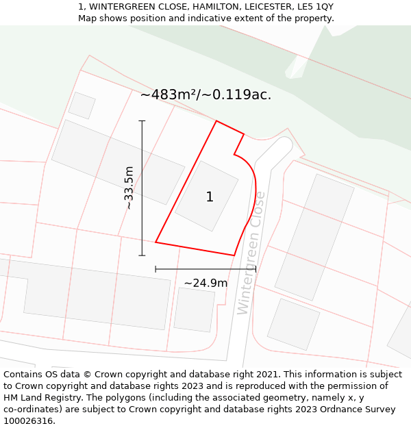 1, WINTERGREEN CLOSE, HAMILTON, LEICESTER, LE5 1QY: Plot and title map