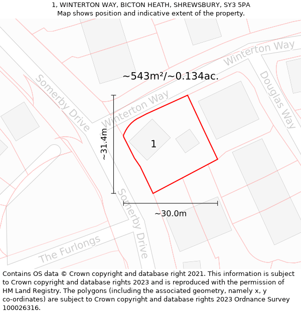 1, WINTERTON WAY, BICTON HEATH, SHREWSBURY, SY3 5PA: Plot and title map