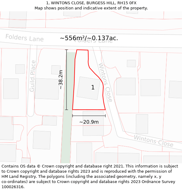 1, WINTONS CLOSE, BURGESS HILL, RH15 0FX: Plot and title map