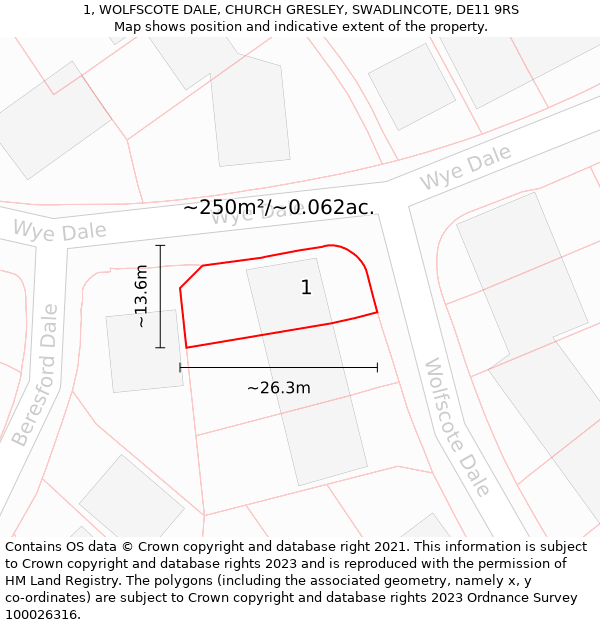 1, WOLFSCOTE DALE, CHURCH GRESLEY, SWADLINCOTE, DE11 9RS: Plot and title map