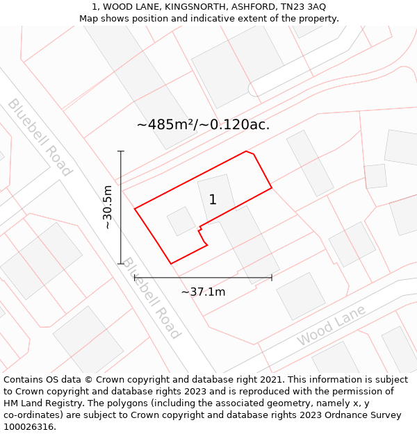 1, WOOD LANE, KINGSNORTH, ASHFORD, TN23 3AQ: Plot and title map