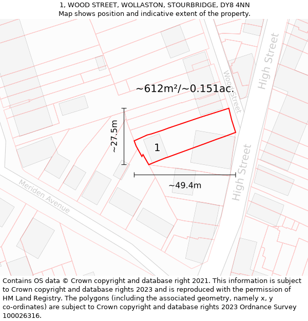 1, WOOD STREET, WOLLASTON, STOURBRIDGE, DY8 4NN: Plot and title map