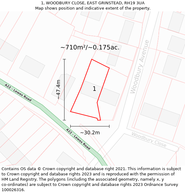 1, WOODBURY CLOSE, EAST GRINSTEAD, RH19 3UA: Plot and title map