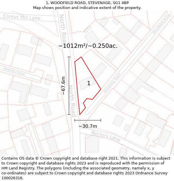 1, WOODFIELD ROAD, STEVENAGE, SG1 4BP: Plot and title map