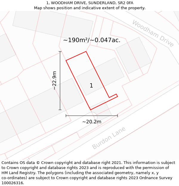 1, WOODHAM DRIVE, SUNDERLAND, SR2 0FA: Plot and title map