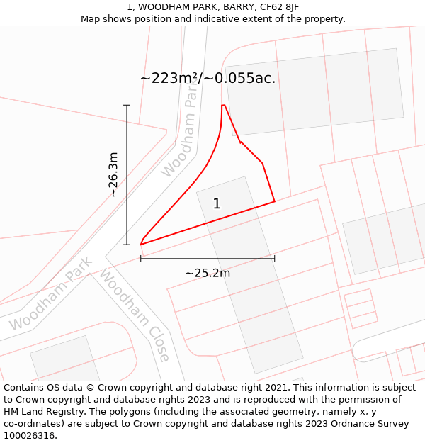 1, WOODHAM PARK, BARRY, CF62 8JF: Plot and title map